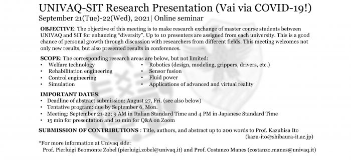 Student-Workshop UNIVAQ-Shibaura Inst. of Technology - Tokyo, 21-22 set 2021